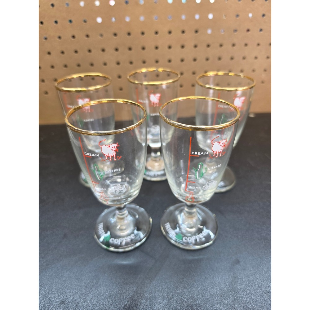 Vintage Irish Coffee Recipe Glasses Set of 5 Gold Rim Footed Goblets Shamrock